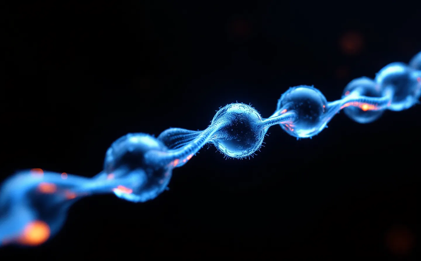 Cinematic dark-mode rendering of the seven TB-500 amino acid residues as floating crystalline-glass spheres against a pure black void, with cyan halo and a single orange anchor mark